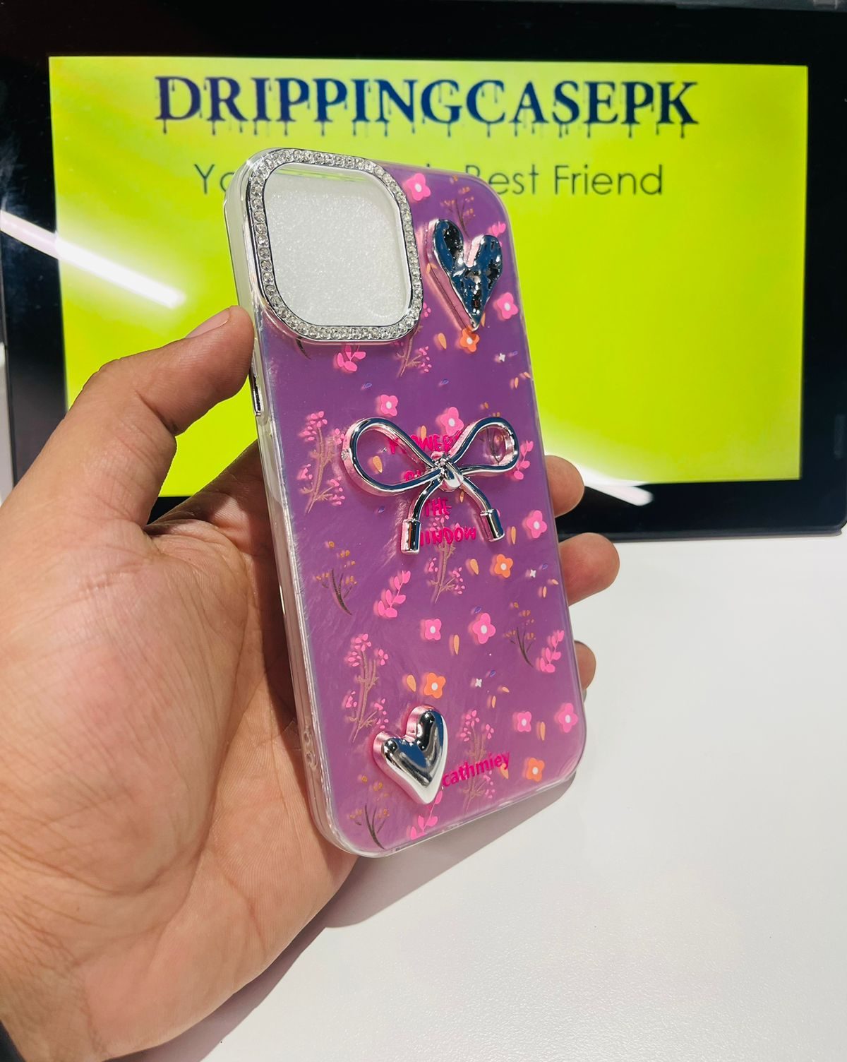 Stylish Crystal Bow Case – Purple & Pink (15 Pro Max)